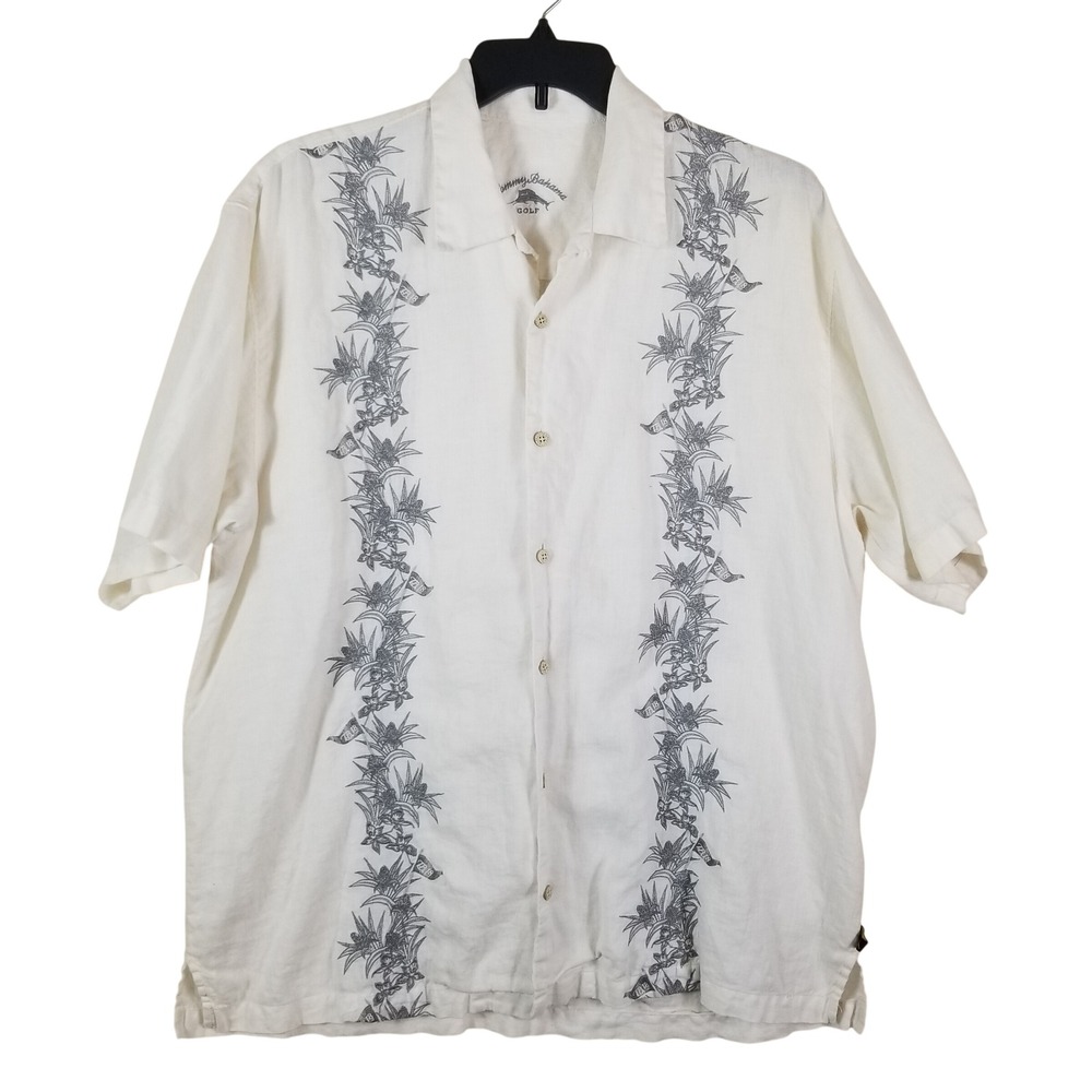 Tommy Bahama Golf Men XL White 100% Linen Graphic Floral Camp Shirt Short Sleeve